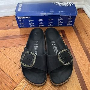 RARE Birkenstock Madrid Big Buckle Sandals Black Suede w/ Green Tortoise Size 41